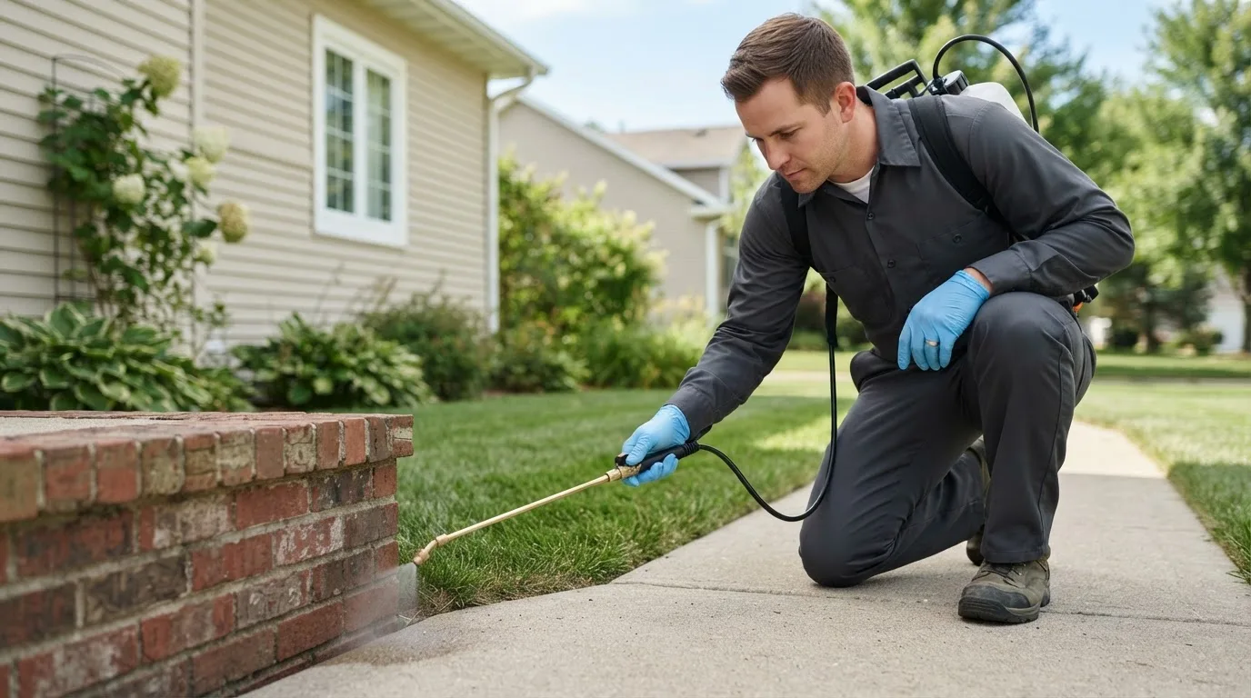 Pest control technician treating a home near Delmita, TX