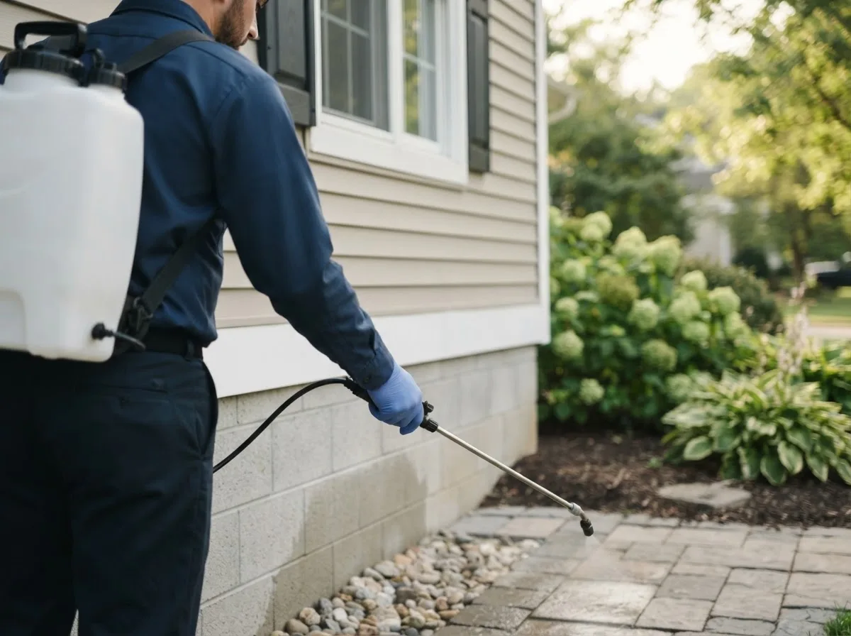 Pest control technician inspecting a home in Delmita, TX